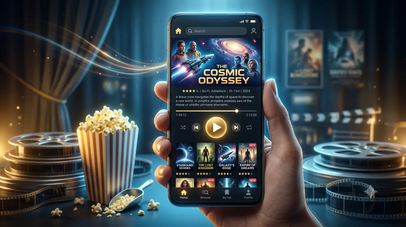 Filmyzilla Hollywood Hindi Dubbed Movie guide with movie streaming illustration and Vedu App download concept